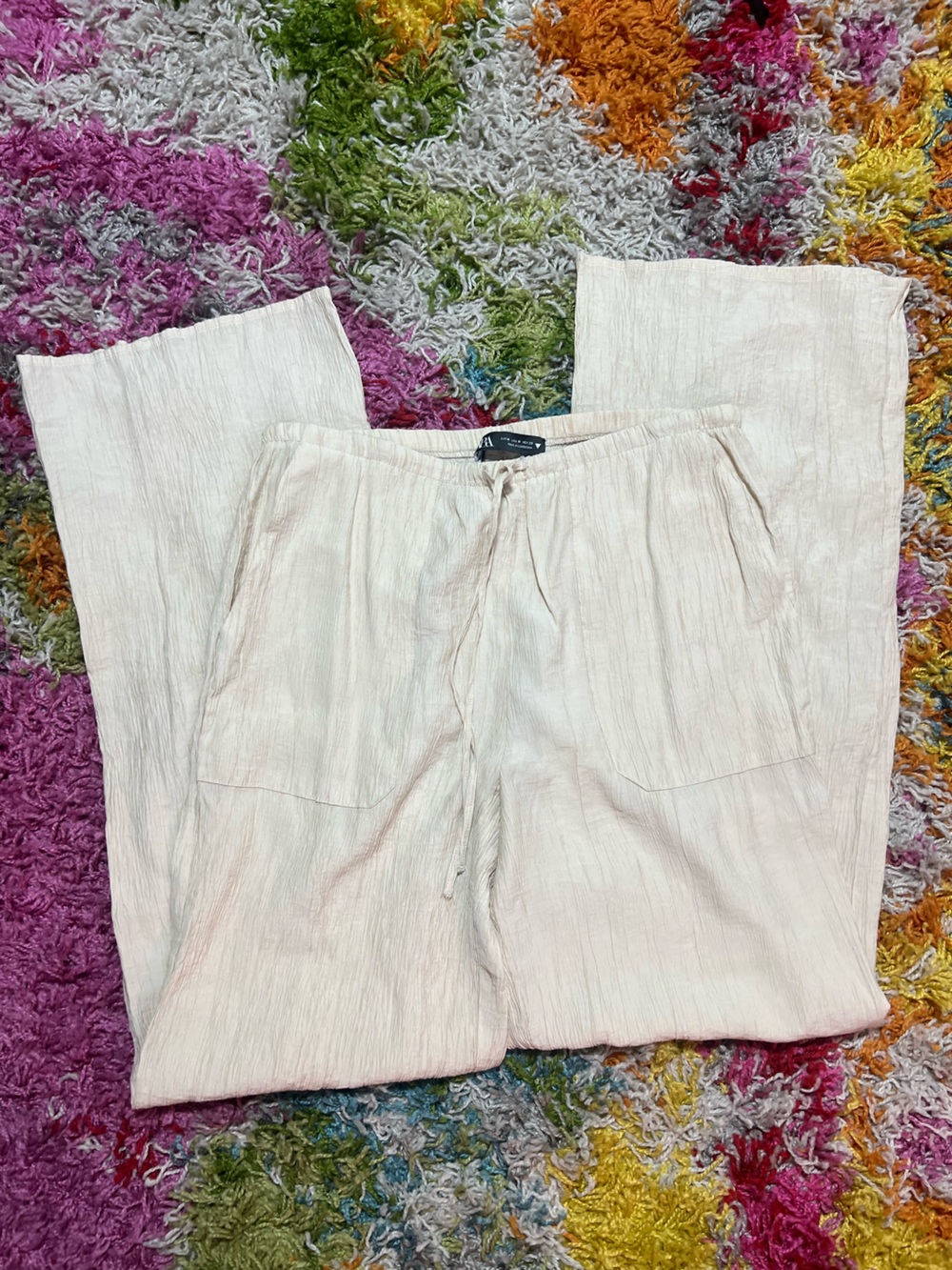 Zara Wide Leg Drawstring Pants in Light Cream